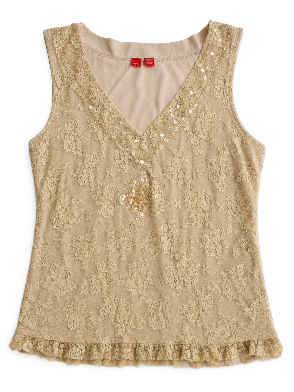 Vintage Esprit Beige Lace Sequin Sleeveless Tank Top Boho Y2K Romantic Size XL